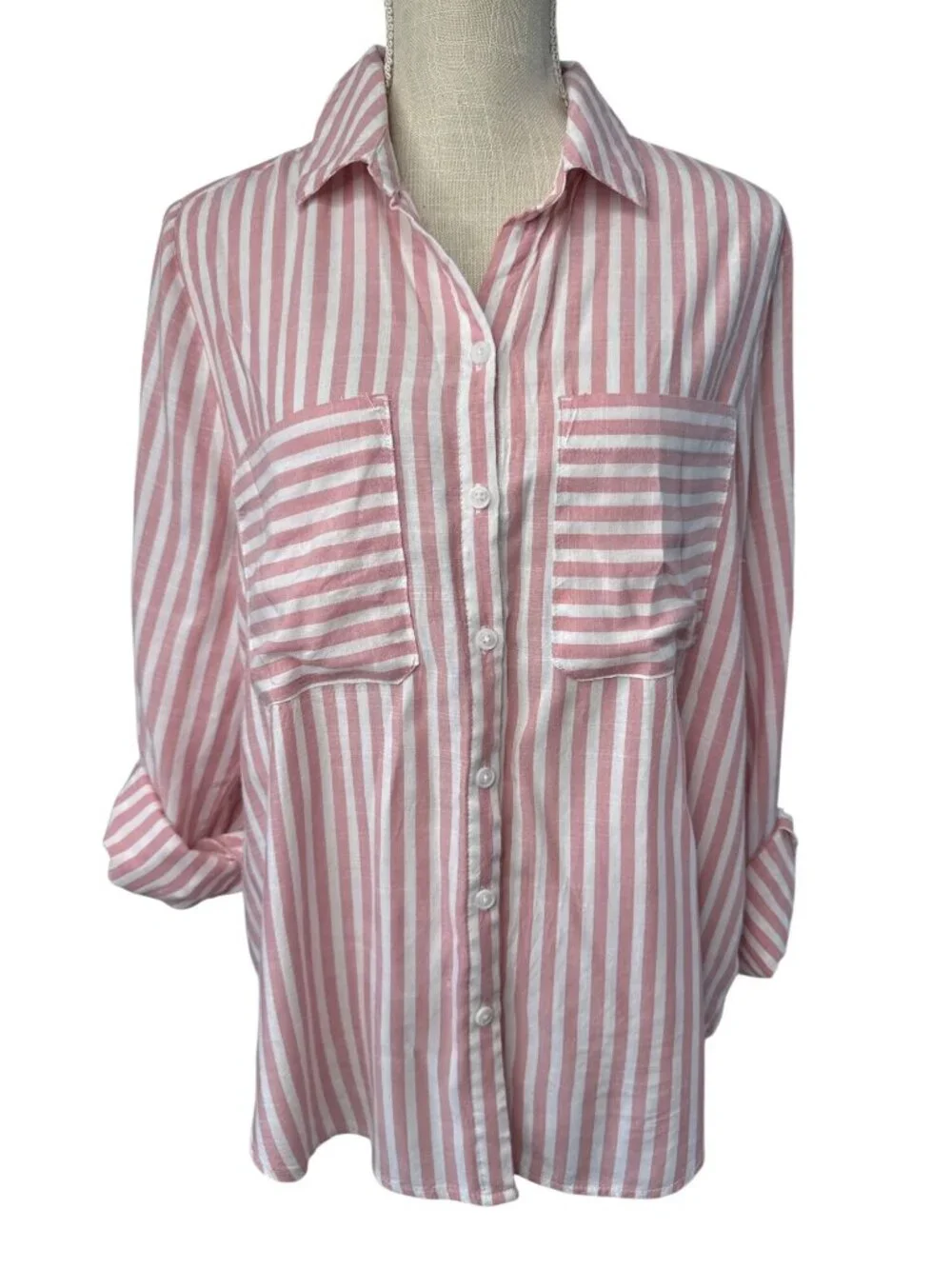 Casa Cabana Pink & White Striped Button-Up Shirt With Pockets Roll-Up Sleeves - Picture 1 of 8